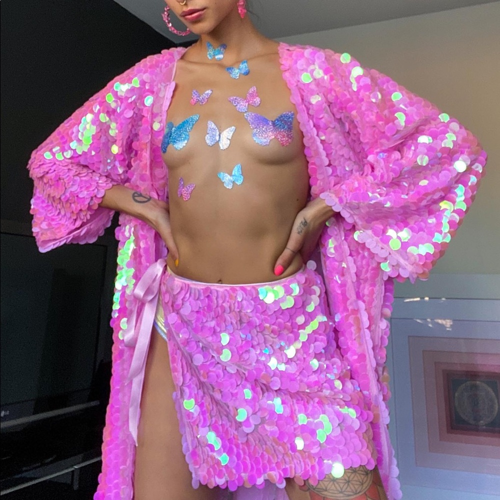 Pink sequin kimono